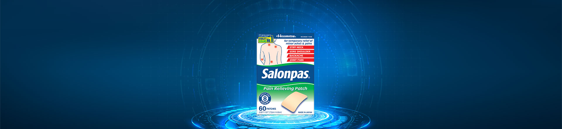 A box of Salonpas Pain Relieving Patch on display